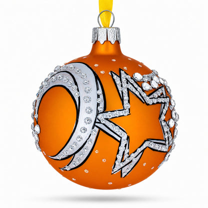 Italian Couturier Stars and Moons Design Glass Ball Christmas Ornament 3.25 Inches