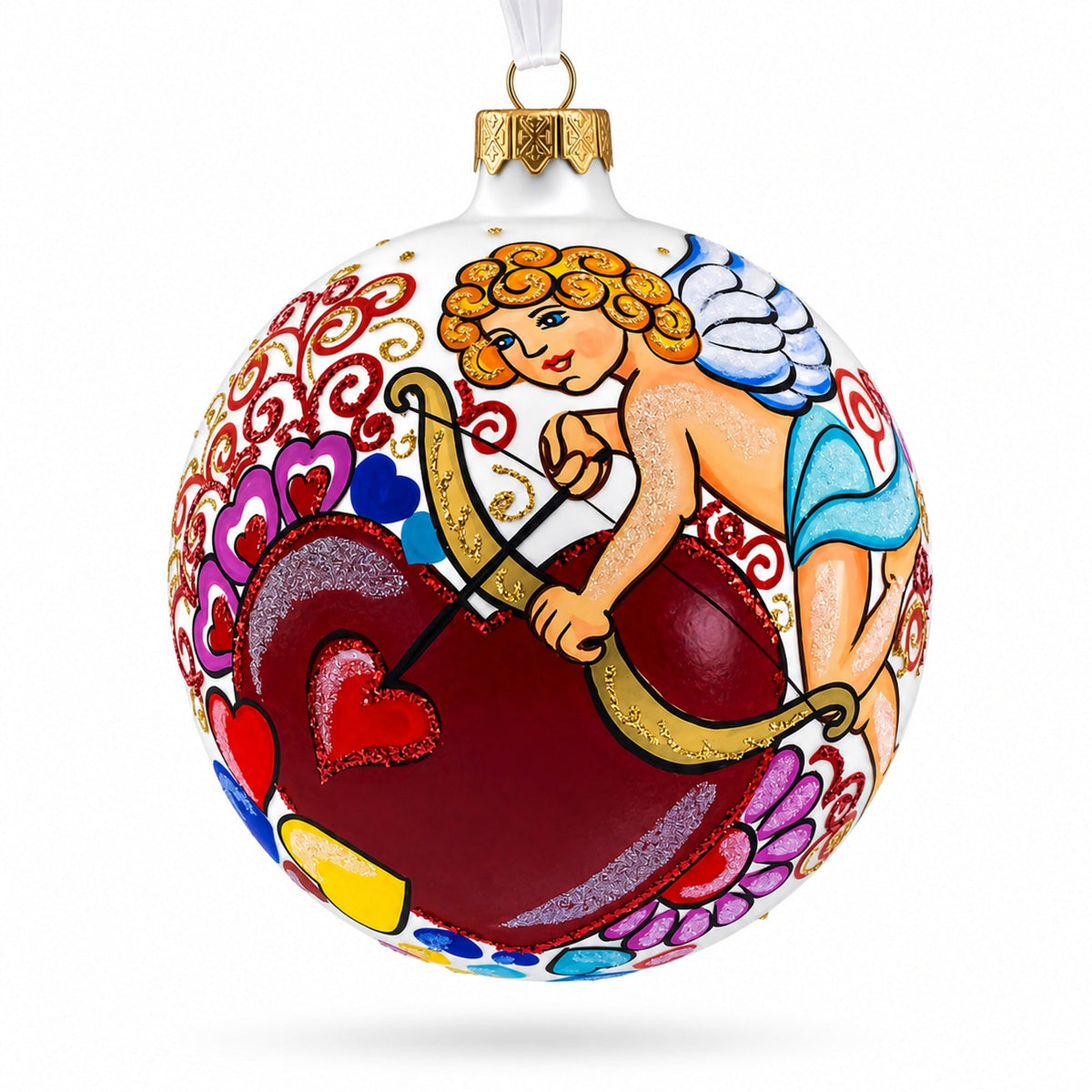 Cupid with Bow and Heart Glass Ball Christmas Ornament 4 Inches
