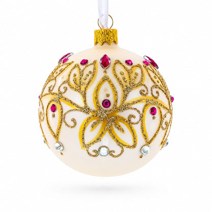 Gilded Golden Leaves Glass Ball Christmas Ornament 3.25 Inches