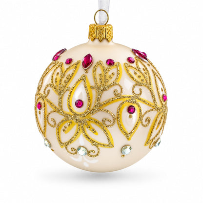 Gilded Golden Leaves Glass Ball Christmas Ornament 3.25 Inches