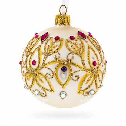 Gilded Golden Leaves Glass Ball Christmas Ornament 3.25 Inches