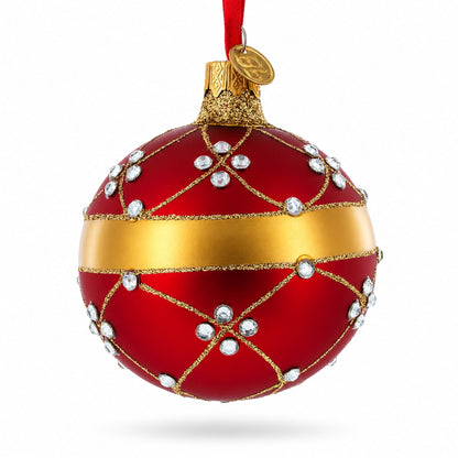 Diamond Trellis Pattern on Red Glass Ball Christmas Ornament 3.25 Inches