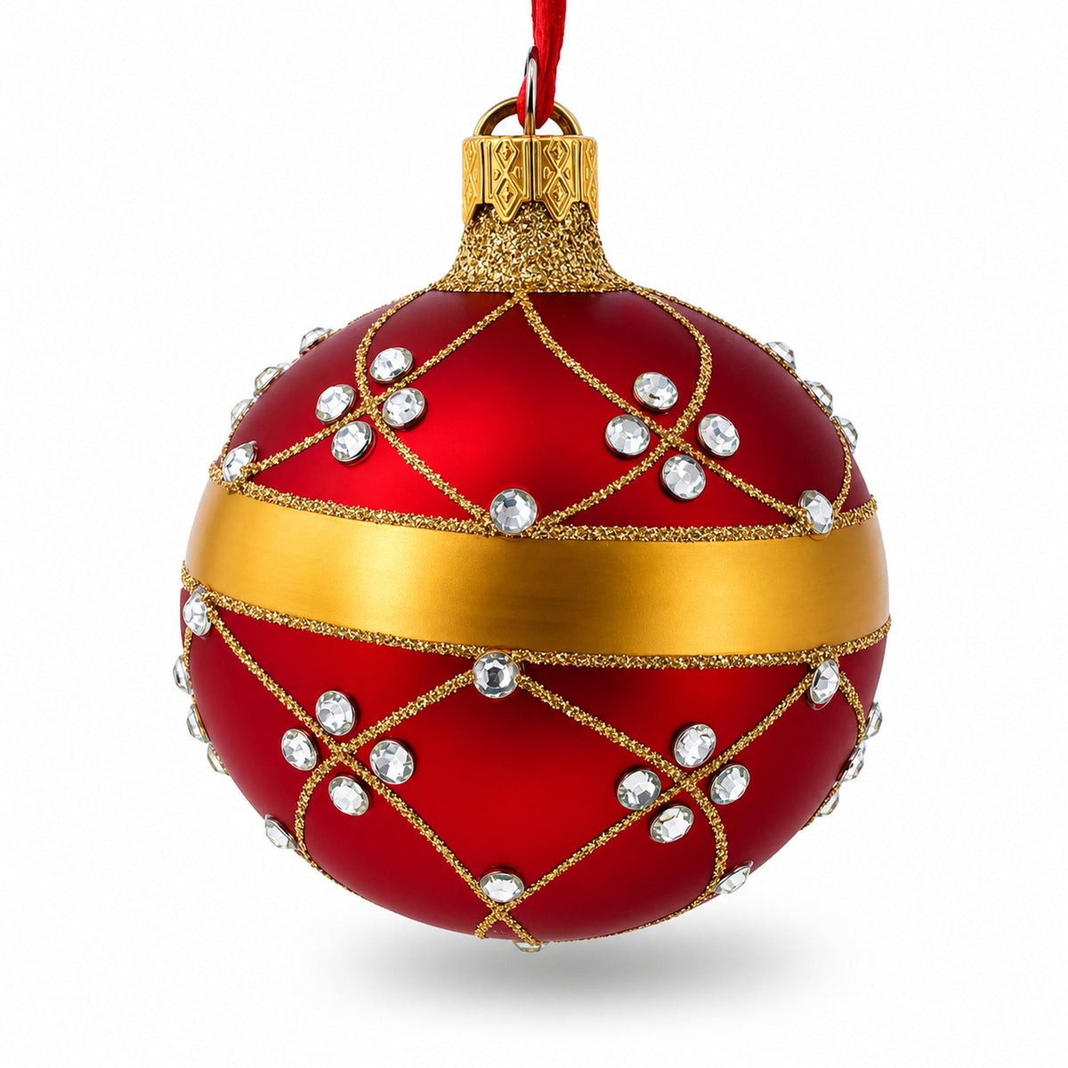 Diamond Trellis Pattern on Red Glass Ball Christmas Ornament 3.25 Inches