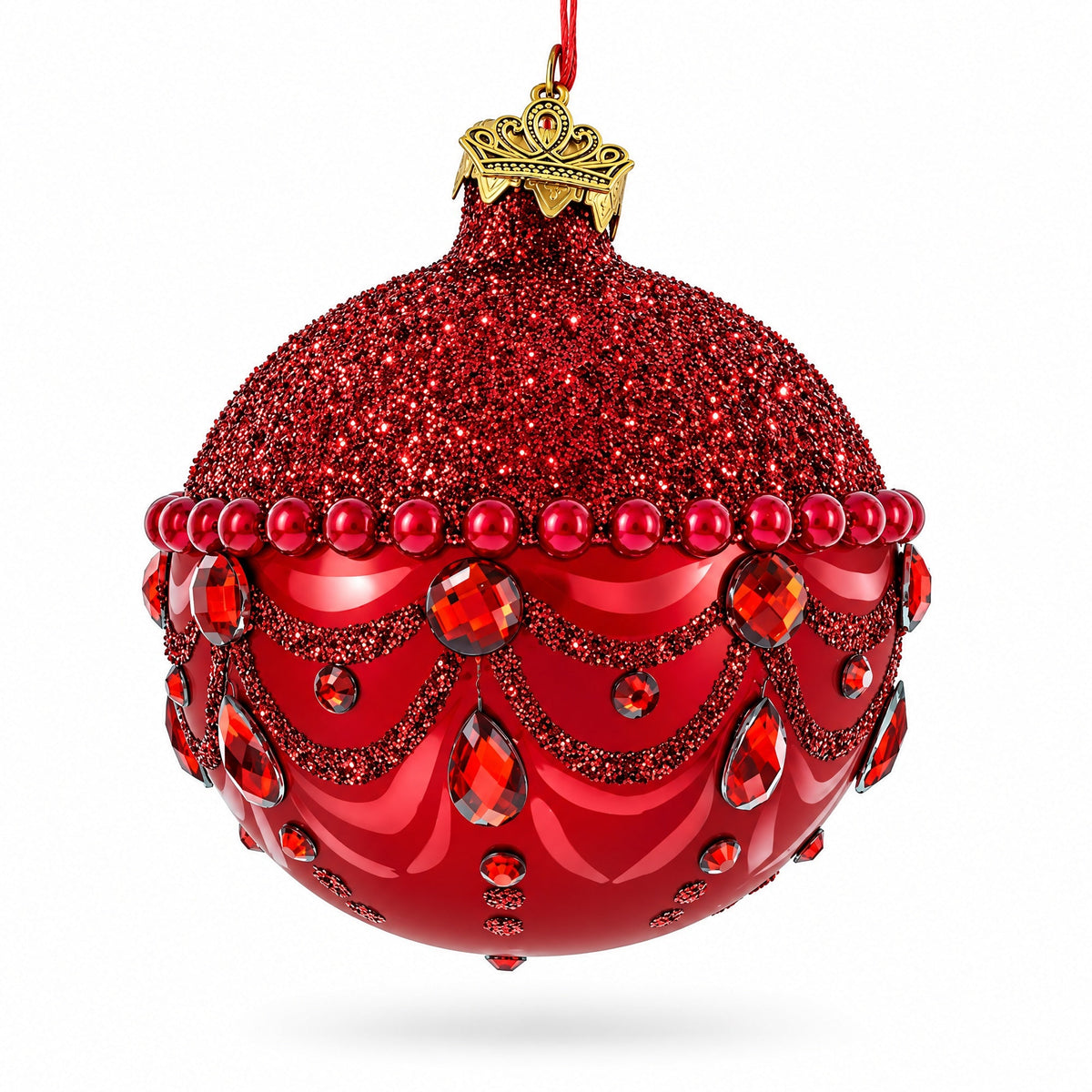Bejeweled Chandelier Design on Red  Glass Ball Christmas Ornament 3.25 Inches