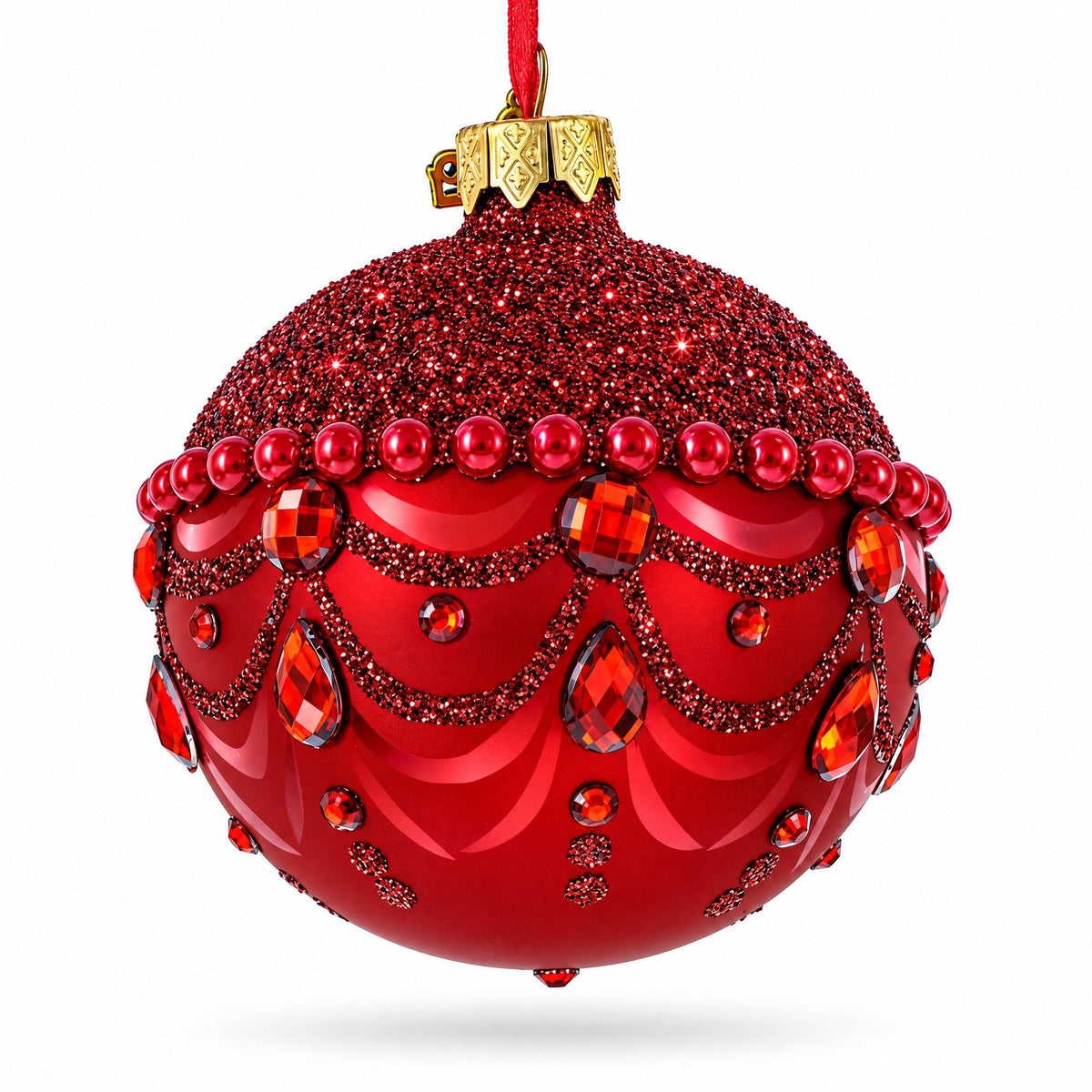 Bejeweled Chandelier Design on Red  Glass Ball Christmas Ornament 3.25 Inches