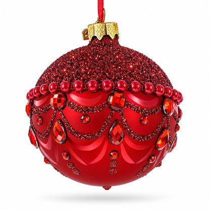 Bejeweled Chandelier Design on Red  Glass Ball Christmas Ornament 3.25 Inches