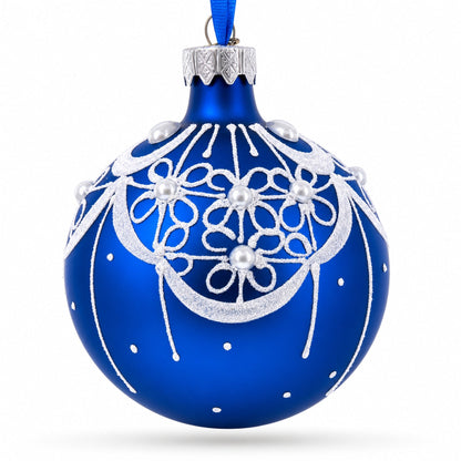 White Flowers Blossoming on a Tranquil Azure Blue Glass Ball Christmas Ornament 3.25 Inches