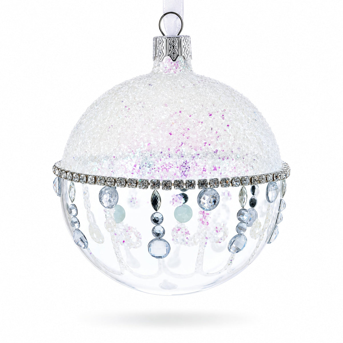 Diamond Chandelier on a Crystal Clear  Glass Ball Christmas Ornament 3.25 Inches
