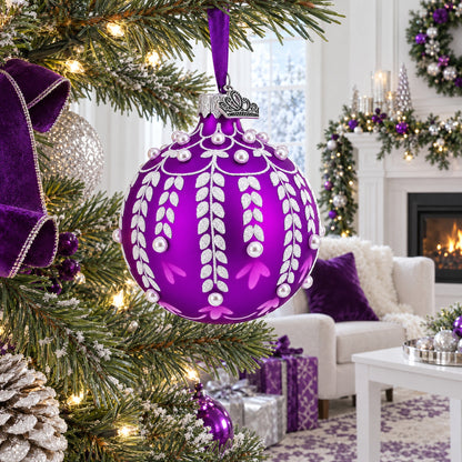 White Vines Entwined on a Lavender Dreamscape Glass Ball Christmas Ornament 3.25 Inches