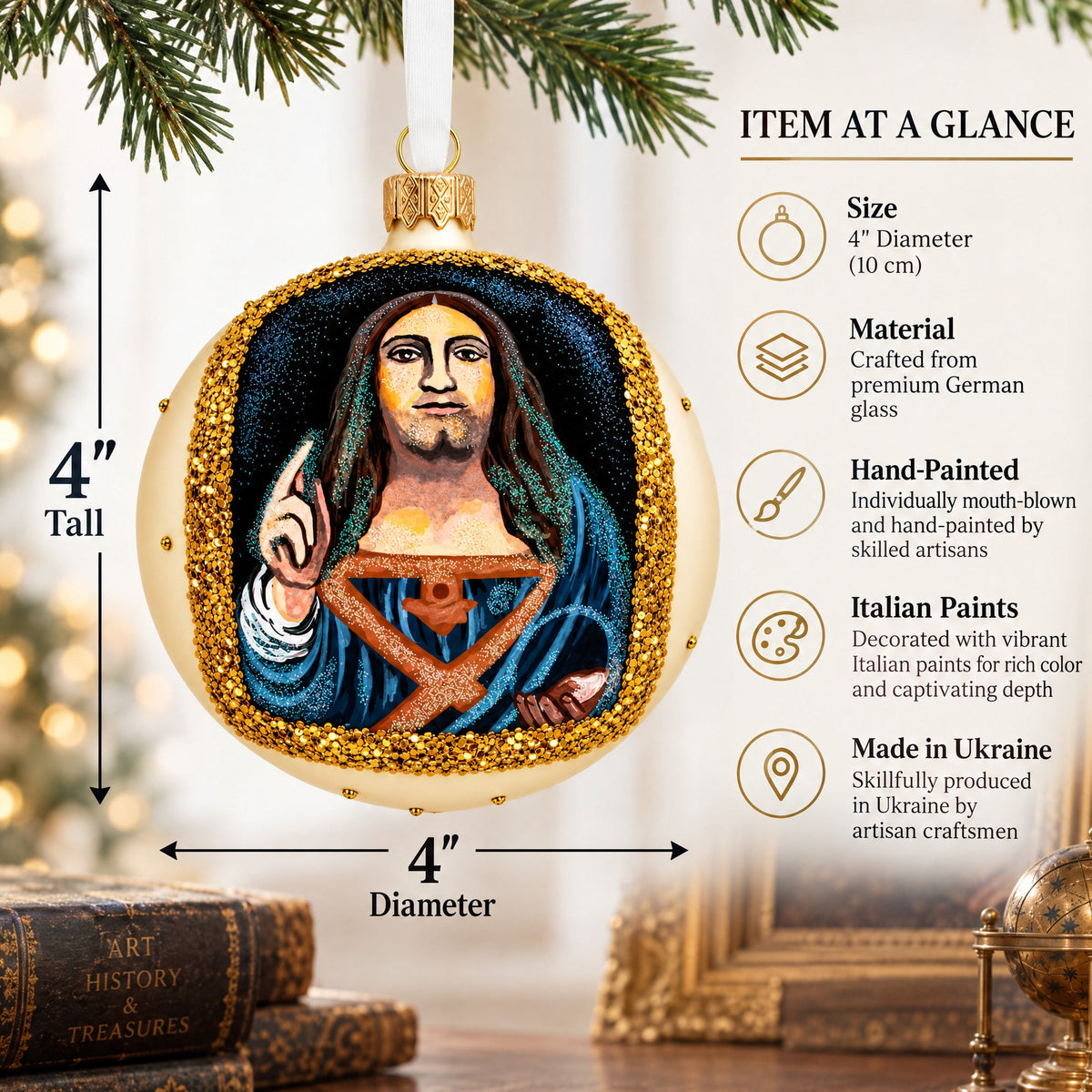 1500 'Salvator Mundi' Masterpiece by Leonardo da Vinci Glass Ball Christmas Ornament 4 Inches