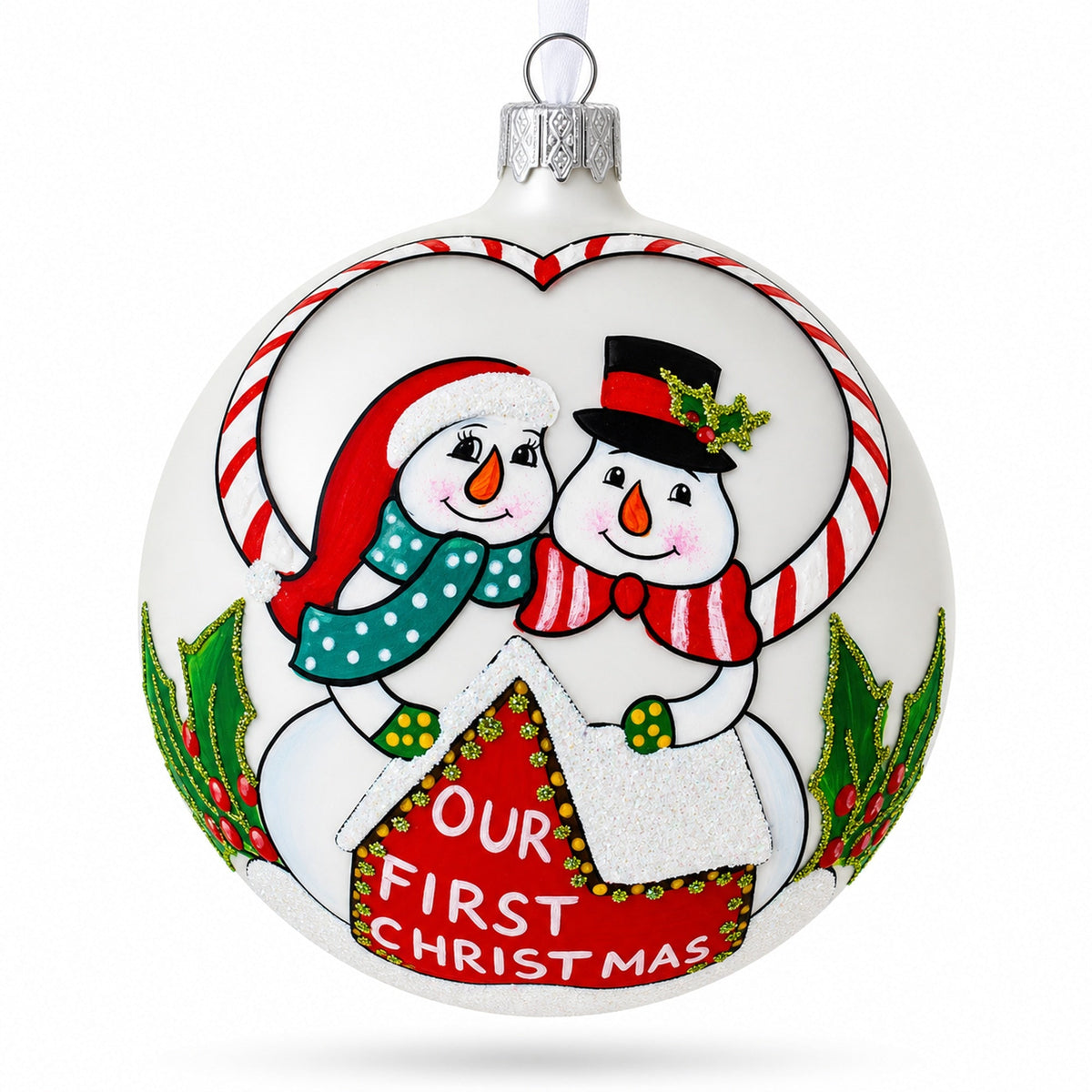 Snowmen Celebrating 'Our First Christmas' Glass Ball Christmas Ornament 4 Inches