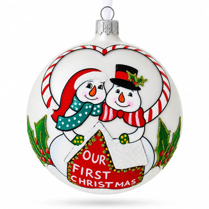 Snowmen Celebrating 'Our First Christmas' Glass Ball Christmas Ornament 4 Inches