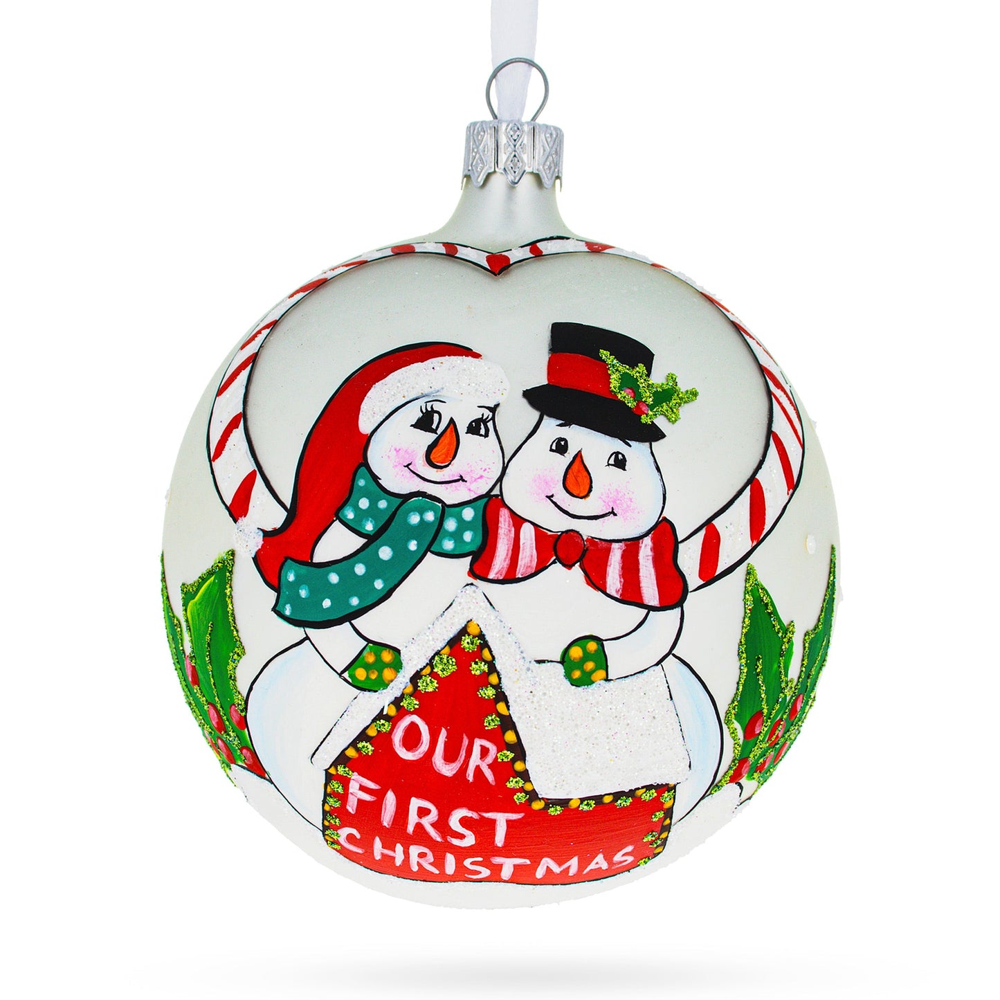 Snowmen Celebrating 'Our First Christmas' Glass Ball Christmas Ornament 4 Inches