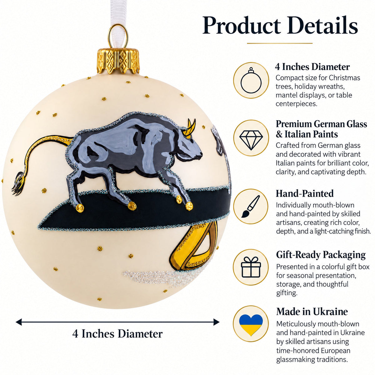 Bear vs. Bull Glass Ball Christmas Ornament 4 Inches