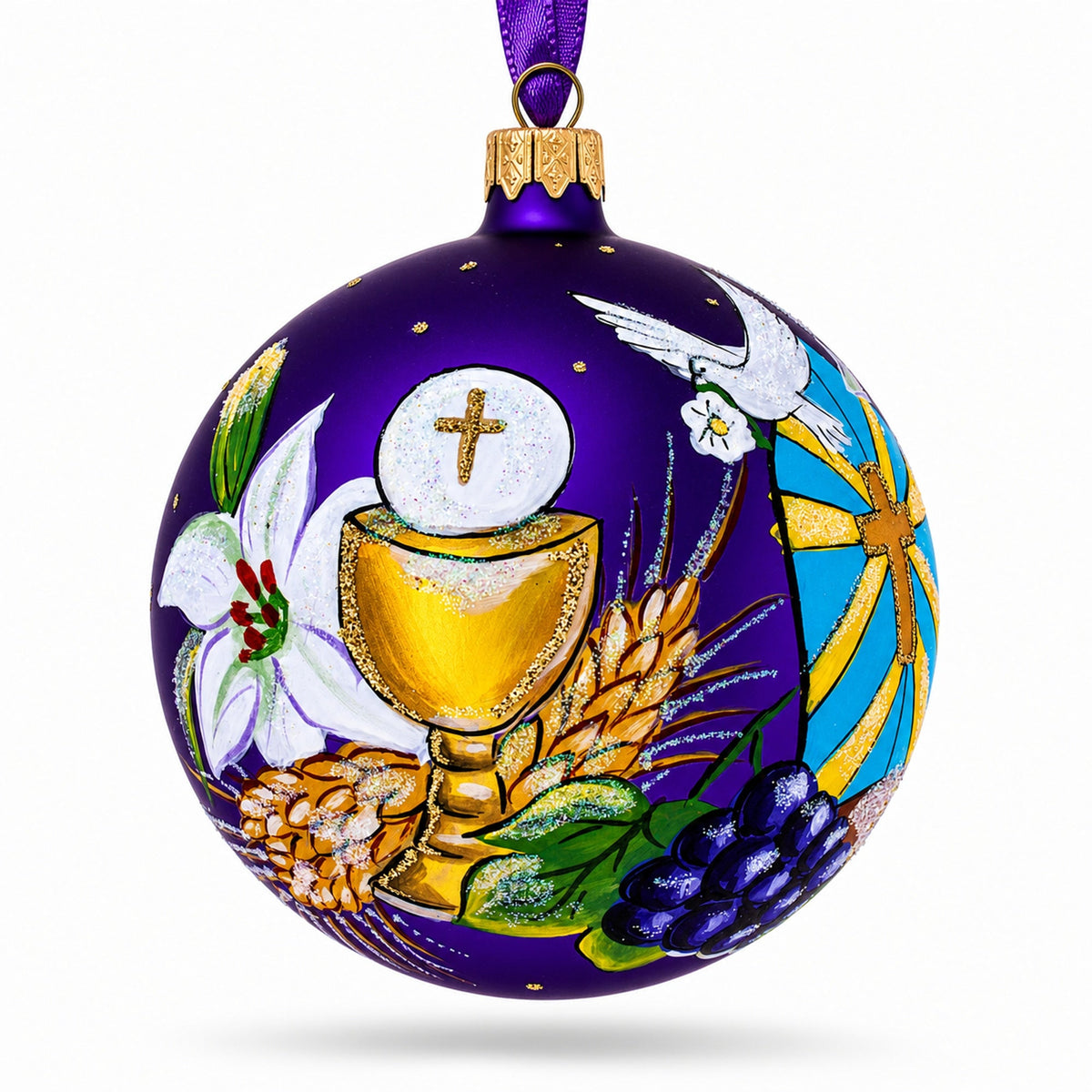First Communion on Purple Glass Ball Christmas Ornament 4 Inches