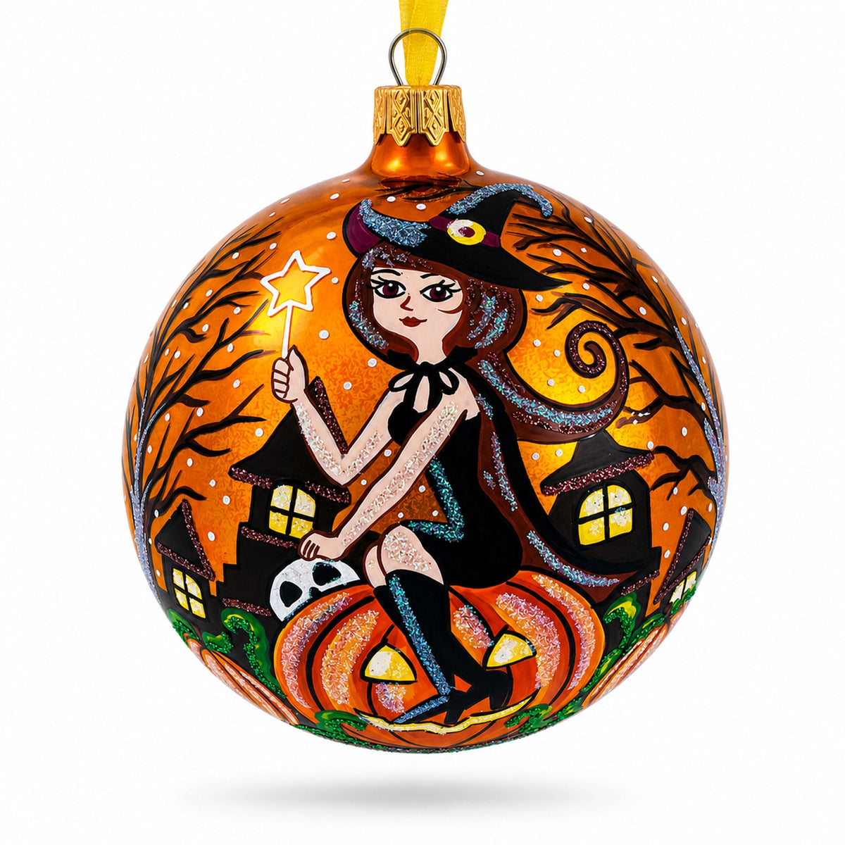 Enchanting Witch Riding Pumpkin Glass Ball Halloween Ornament 4 Inches