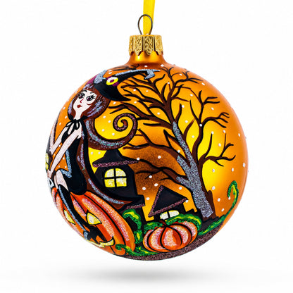 Enchanting Witch Riding Pumpkin Glass Ball Halloween Ornament 4 Inches