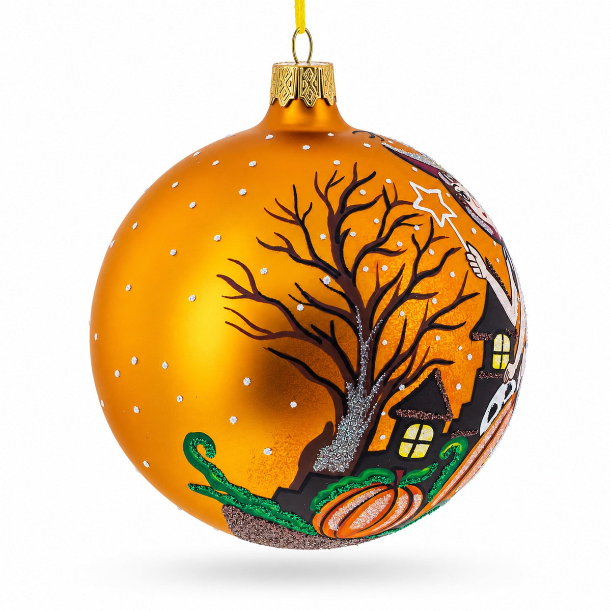 Enchanting Witch Riding Pumpkin Glass Ball Halloween Ornament 4 Inches