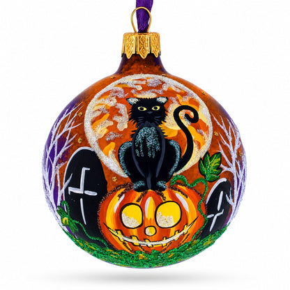 Full Moon with Black Cat and Jack-O’-Lantern Glass Ball Ornament 3.25 Inches