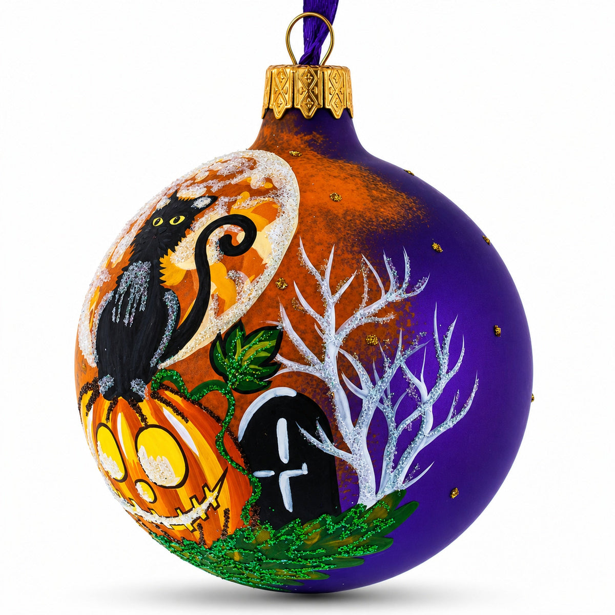 Full Moon with Black Cat and Jack-O’-Lantern Glass Ball Ornament 3.25 Inches