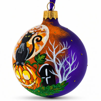 Full Moon with Black Cat and Jack-O’-Lantern Glass Ball Ornament 3.25 Inches