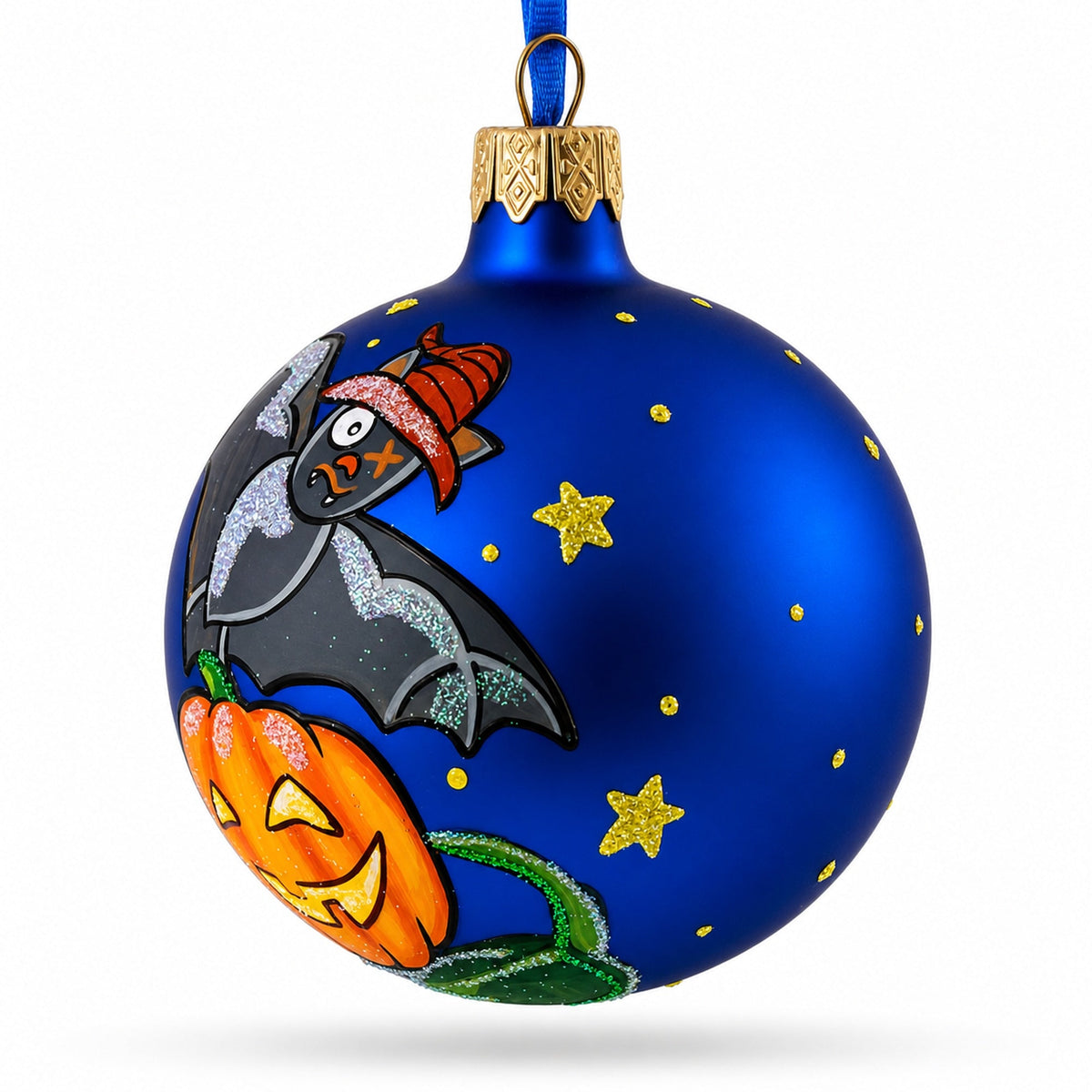Ghost and Bat Glass Ball Halloween Ornament 3.25 Inches