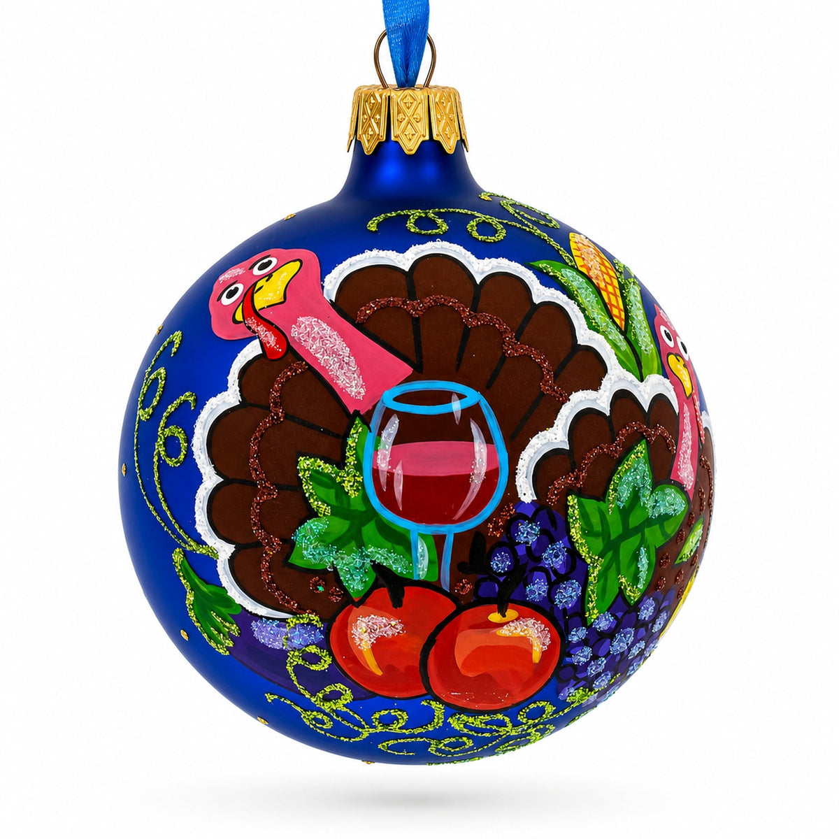 Turkey and Thanksgiving Party Glass Ball Christmas Ornaments 3.25 Inches