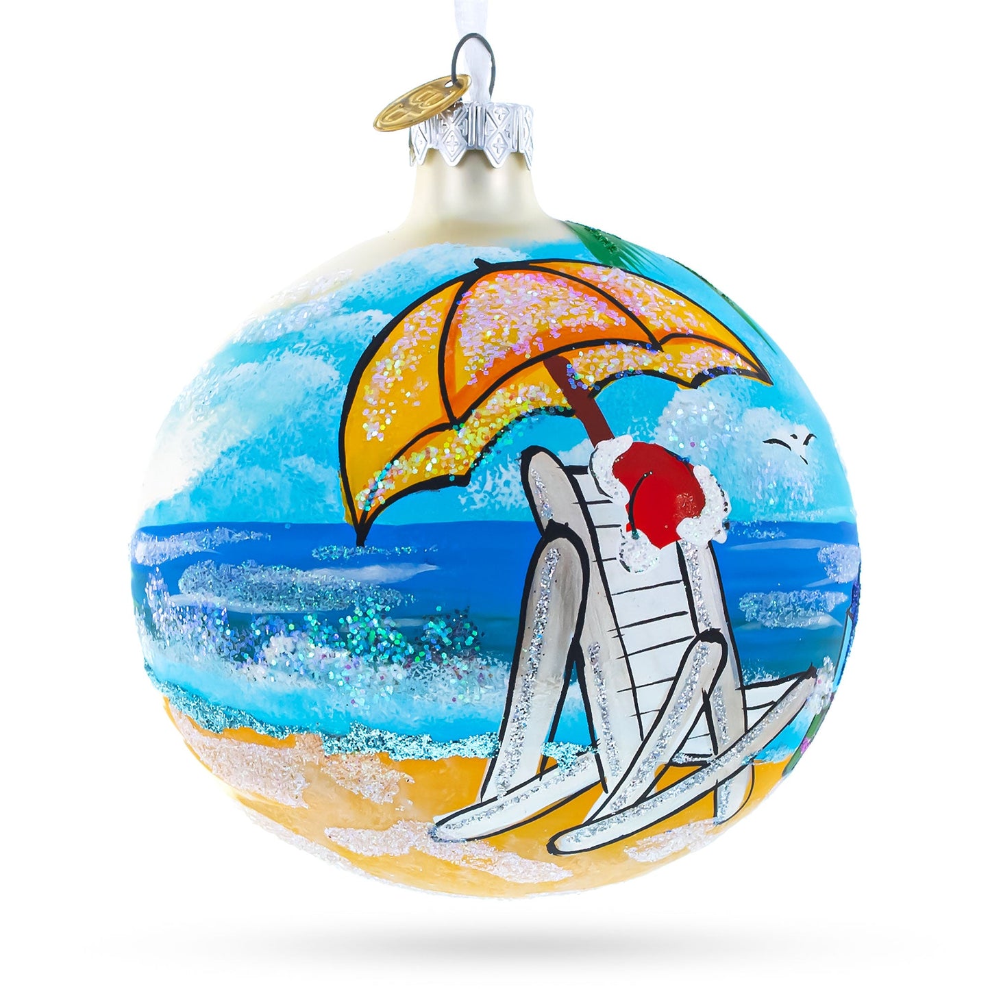 Santa Hat Relaxing at Beach Glass Ball Christmas Ornament 4 Inches