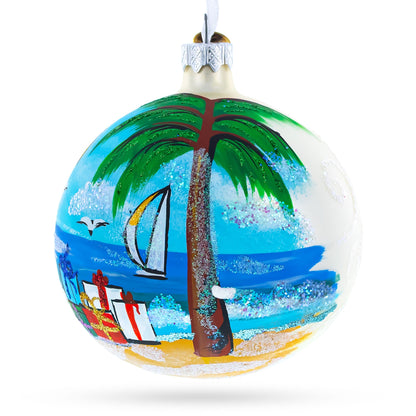 Santa Hat Relaxing at Beach Glass Ball Christmas Ornament 4 Inches