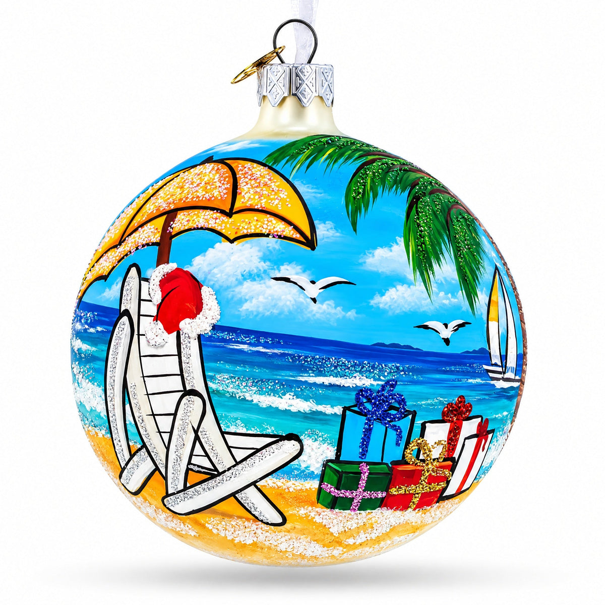 Santa Hat Relaxing at Beach Glass Ball Christmas Ornament 4 Inches