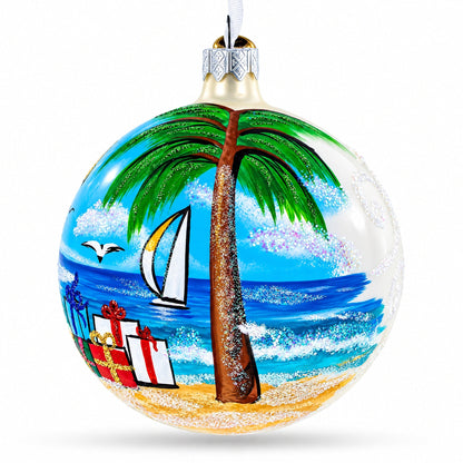 Santa Hat Relaxing at Beach Glass Ball Christmas Ornament 4 Inches
