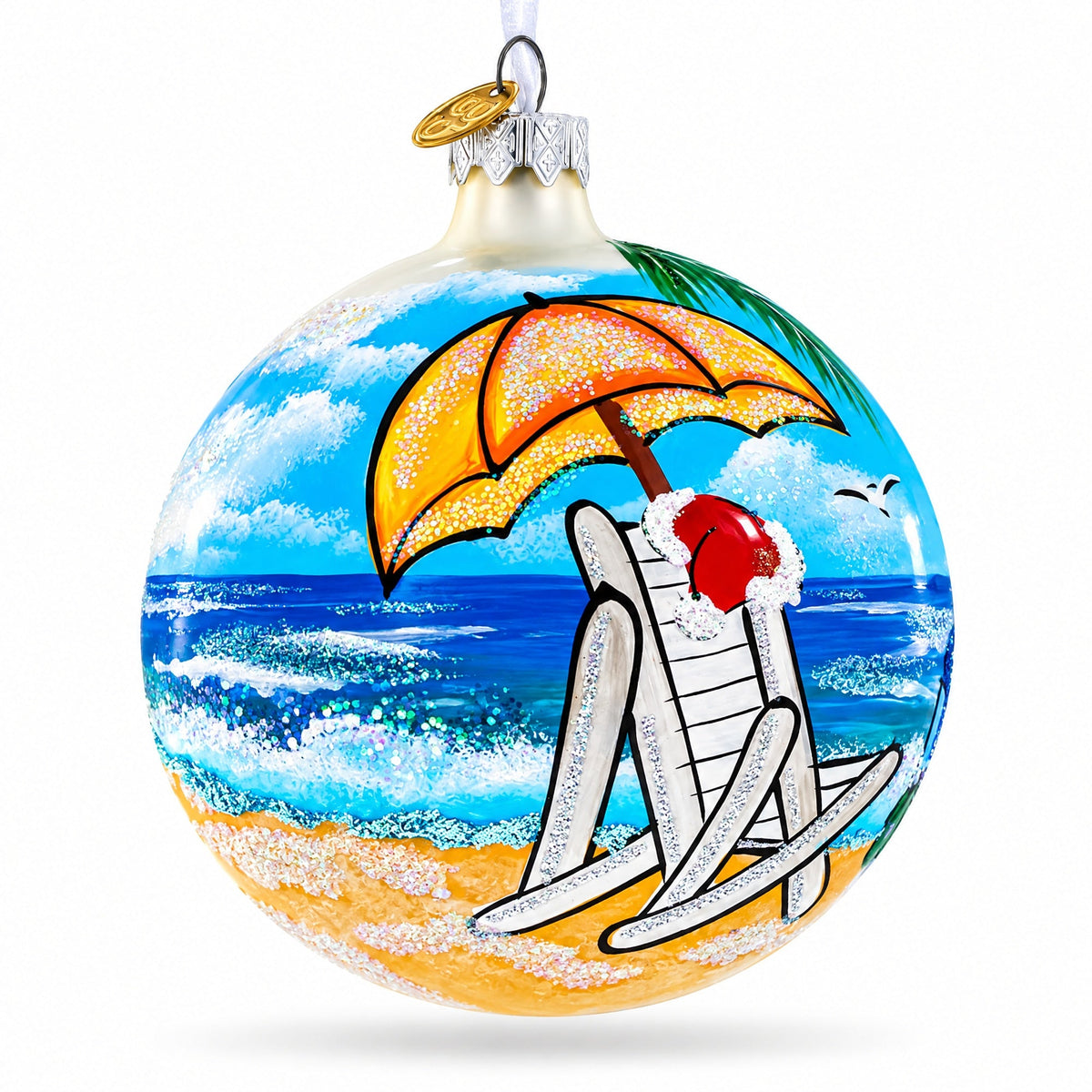 Santa Hat Relaxing at Beach Glass Ball Christmas Ornament 4 Inches
