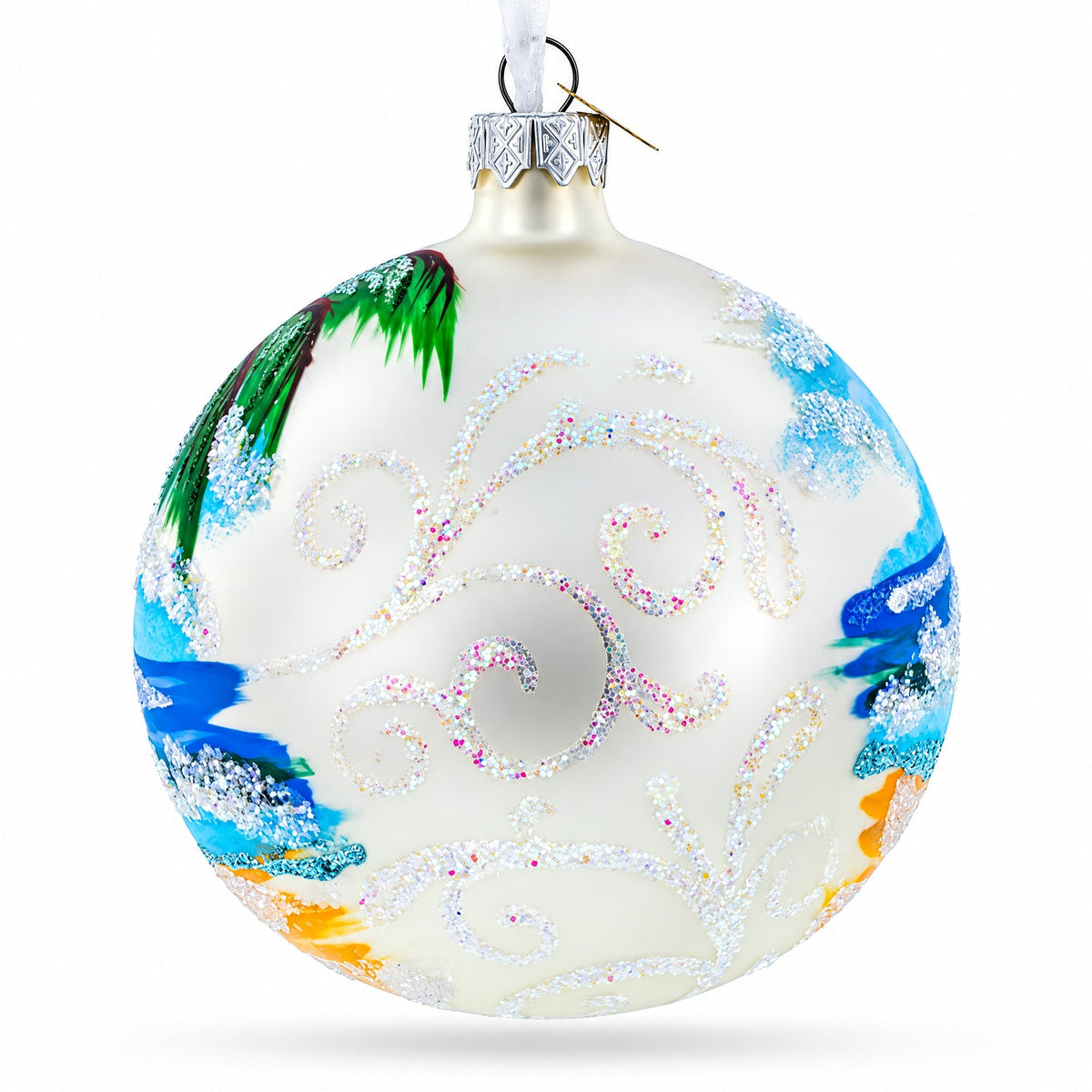 Santa Hat Relaxing at Beach Glass Ball Christmas Ornament 4 Inches