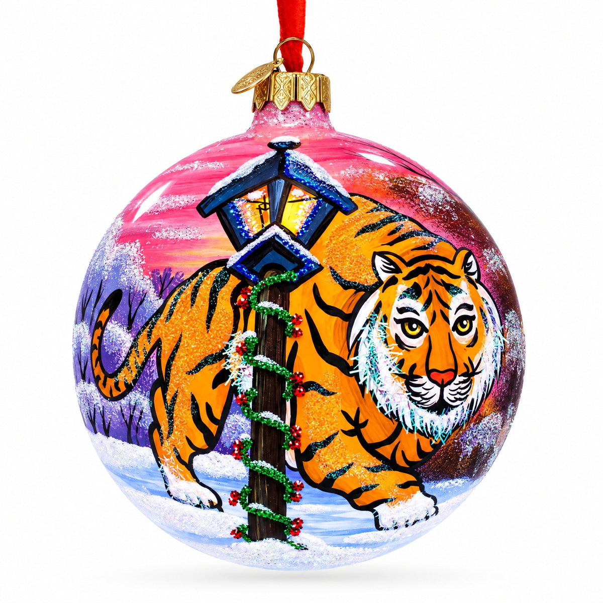 Tiger in the Snow Glass Ball Christmas Ornament 4 Inches