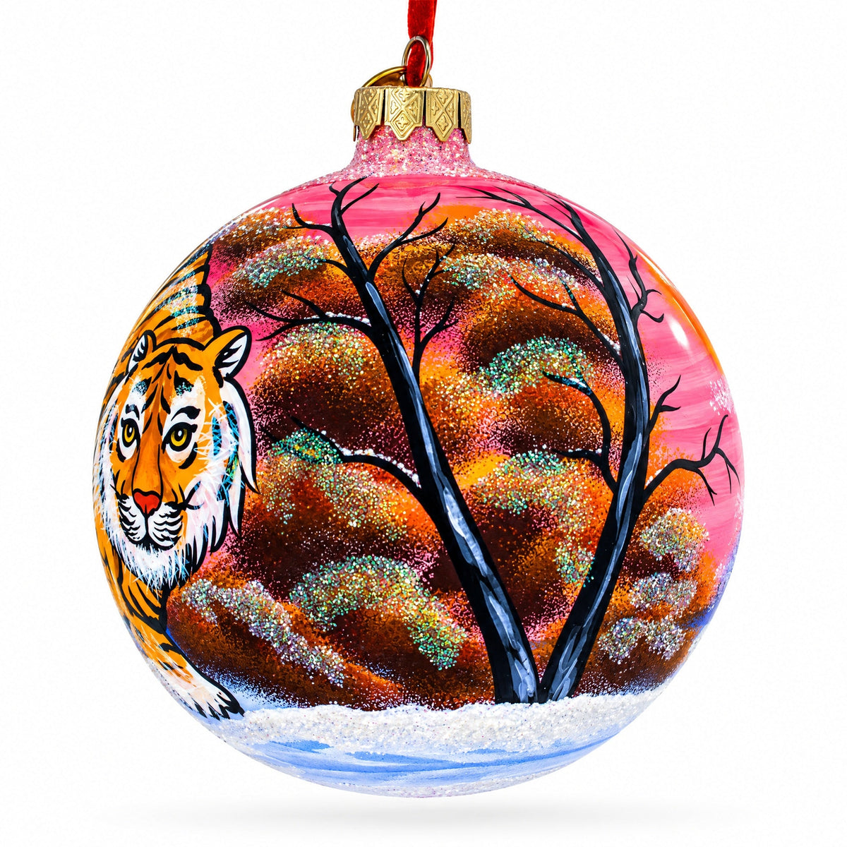 Tiger in the Snow Glass Ball Christmas Ornament 4 Inches