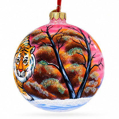 Tiger in the Snow Glass Ball Christmas Ornament 4 Inches