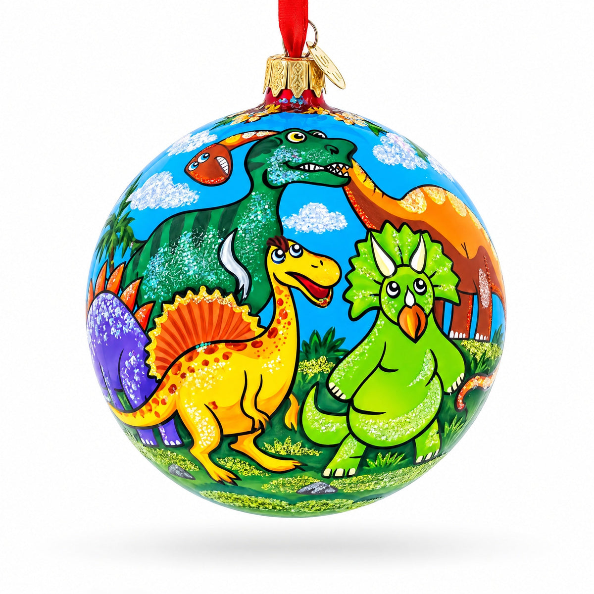 Dinosaurs in Jungles Glass Ball Christmas Ornament 4 Inches