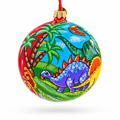 Dinosaurs in Jungles Glass Ball Christmas Ornament 4 Inches