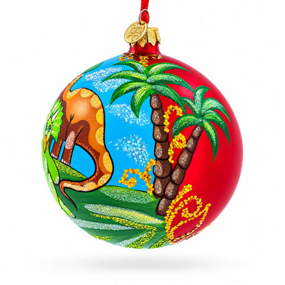 Dinosaurs in Jungles Glass Ball Christmas Ornament 4 Inches