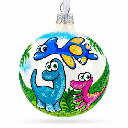 Baby Dinosaurs Glass Ball Christmas Ornament 3.25 Inches