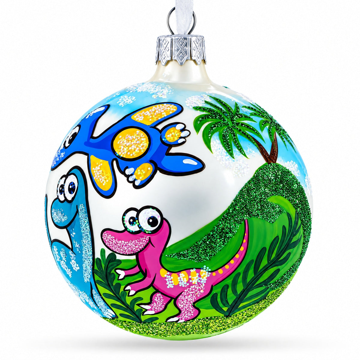 Baby Dinosaurs Glass Ball Christmas Ornament 3.25 Inches