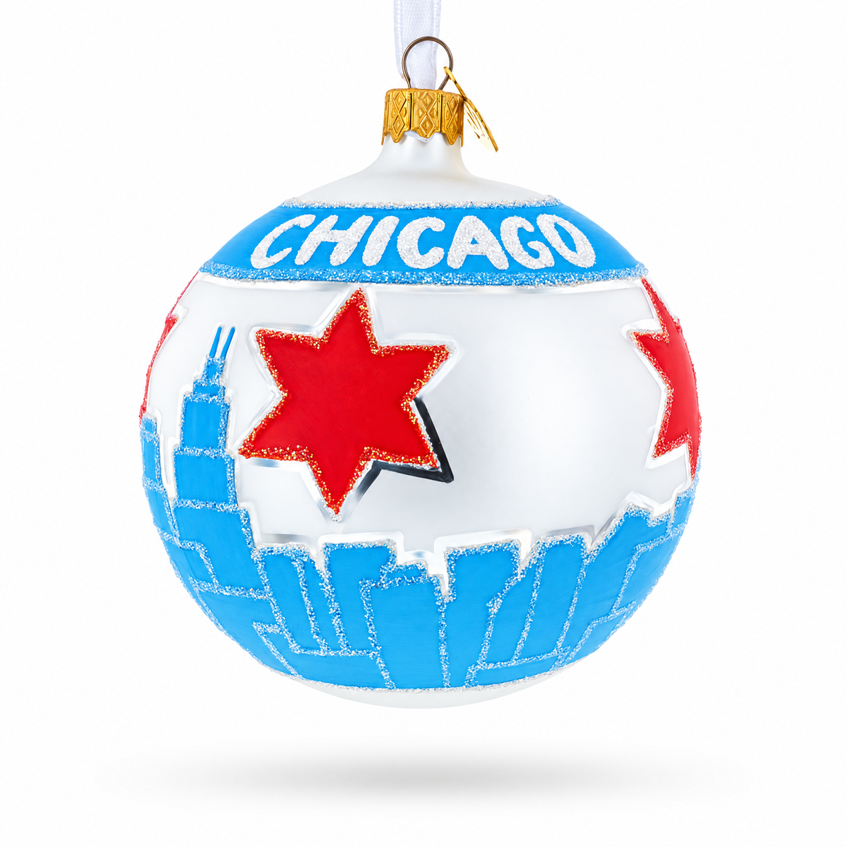 Chicago Cityscape and Flag Glass Ball Christmas Ornament 4 Inches