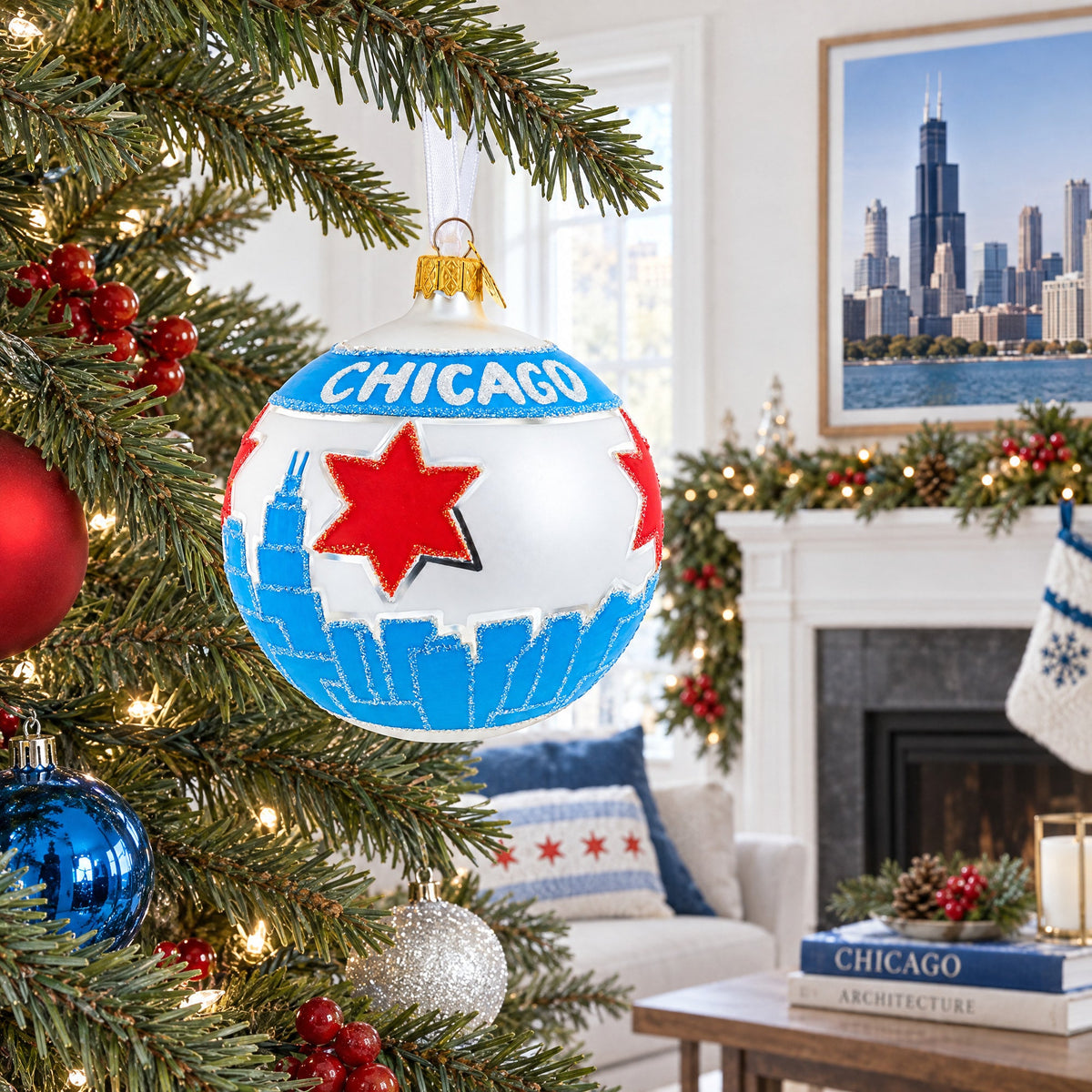 Chicago Cityscape and Flag Glass Ball Christmas Ornament 4 Inches