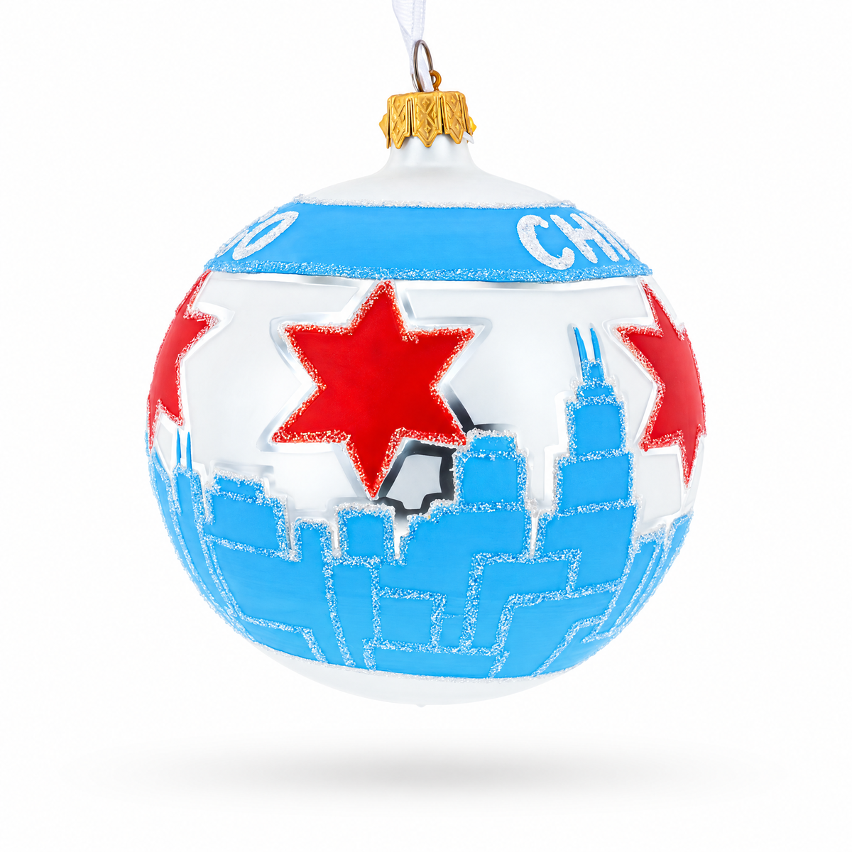 Chicago Cityscape and Flag Glass Ball Christmas Ornament 4 Inches