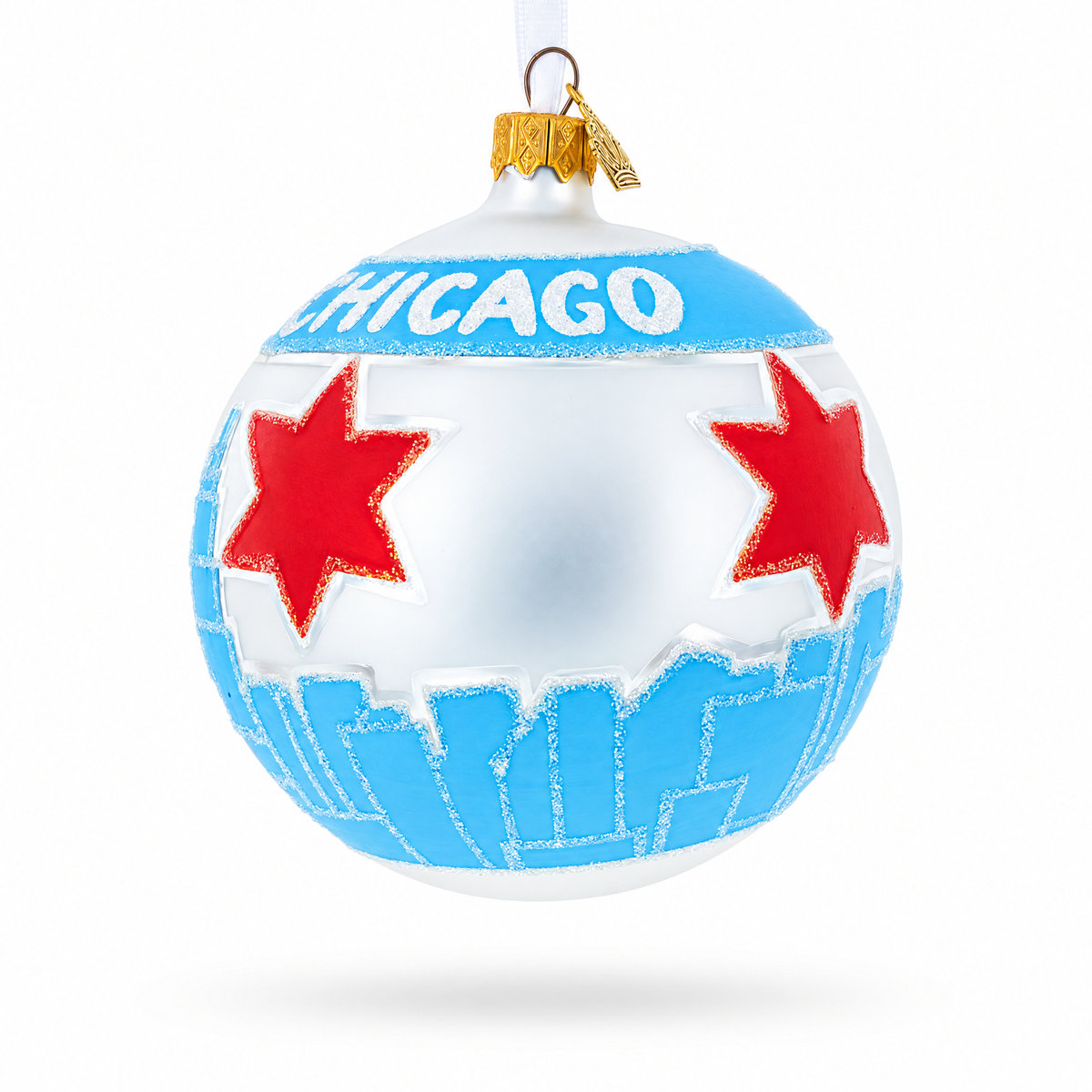 Chicago Cityscape and Flag Glass Ball Christmas Ornament 4 Inches