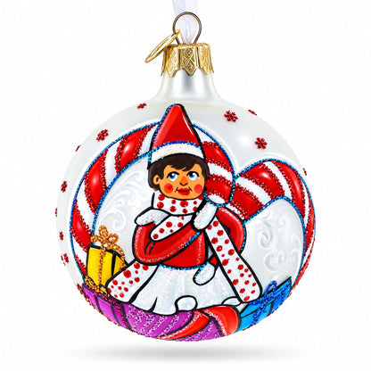 Elf and Candy Canes Glass Ball Christmas Ornaments 3.25 Inches
