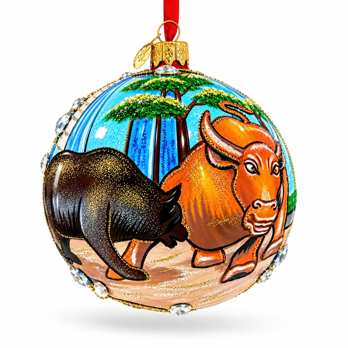 Bear and Bull on Wall Street Glass Ball Christmas Ornament 4 Inches