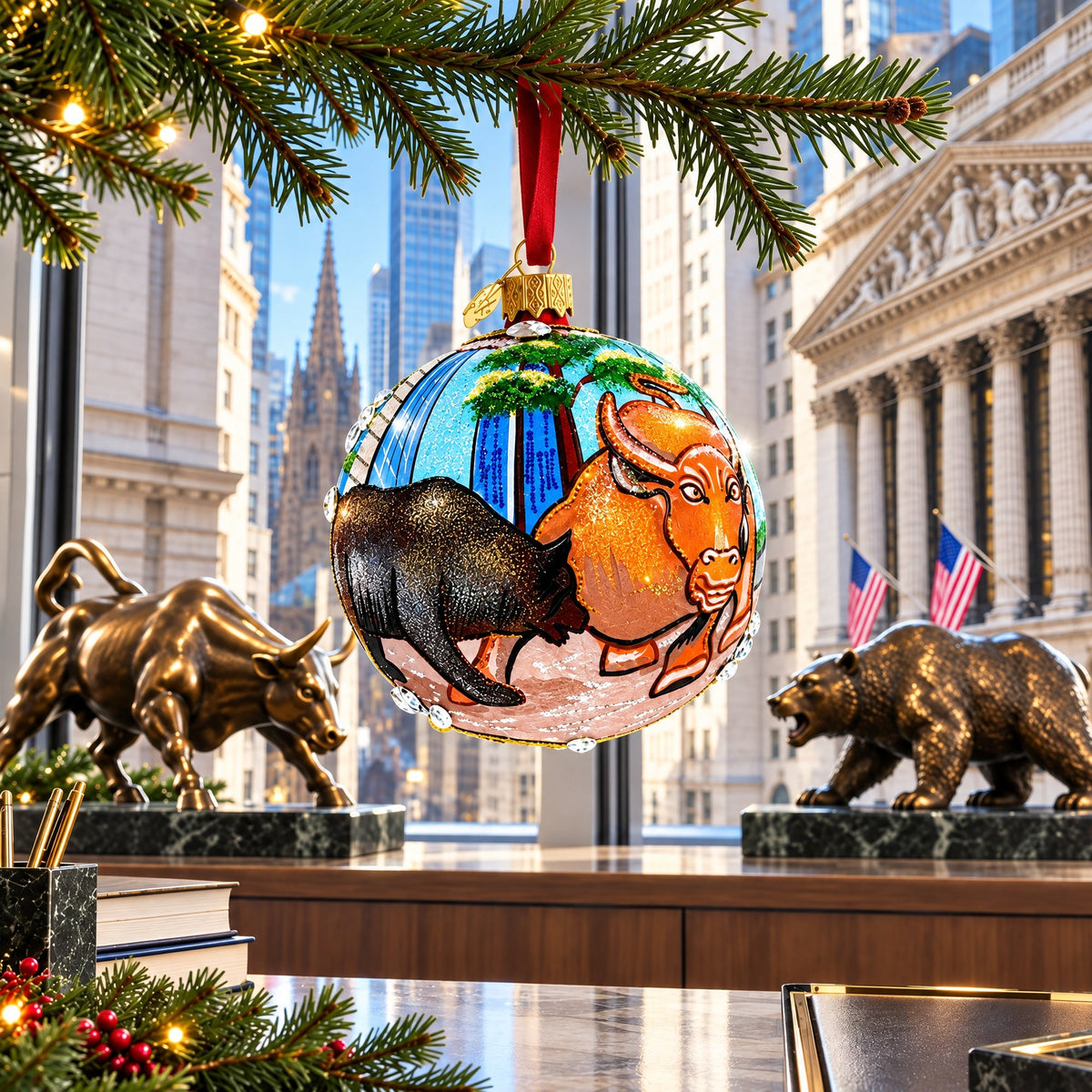 Bear and Bull on Wall Street Glass Ball Christmas Ornament 4 Inches