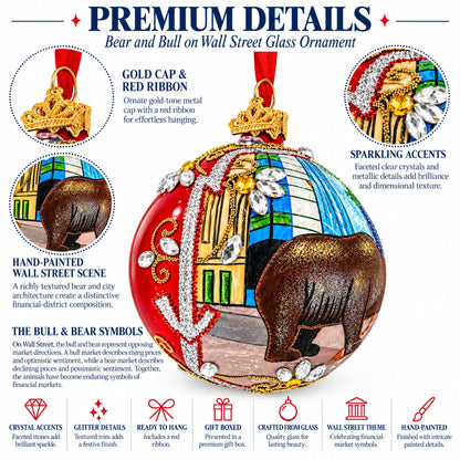 Bear and Bull on Wall Street Glass Ball Christmas Ornament 4 Inches