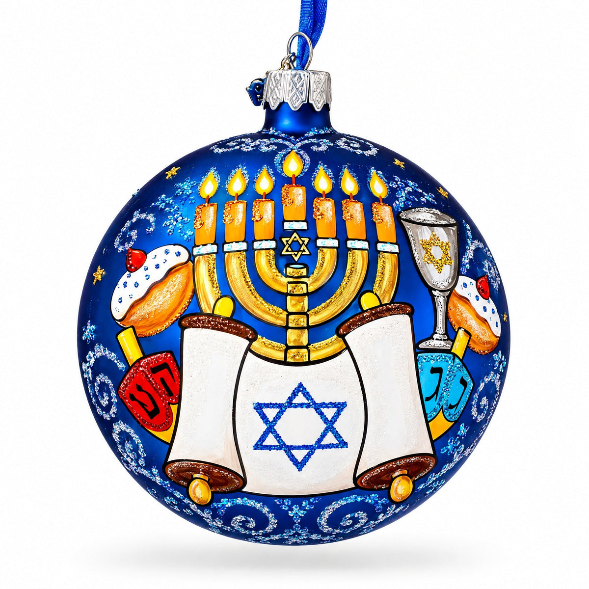 Menorah and Jewish Symbols Glass Ball Ornament 4 Inches